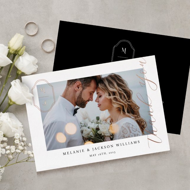 Thank You Script Custom Monogram Wedding Photo Foil Invitation (Creator Uploaded)