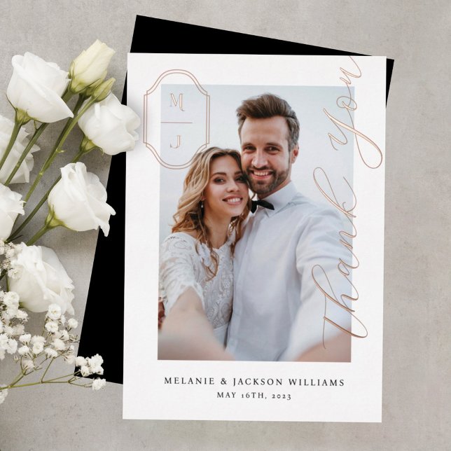 Thank You Script Custom Monogram Wedding Photo Foil Invitation (Creator Uploaded)