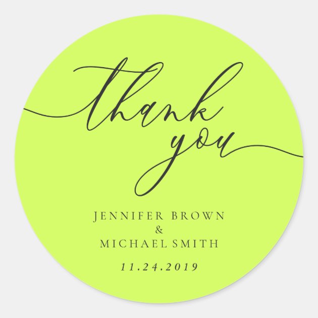 Thank you script Cyber Lime Jet Black names date Classic Round Sticker