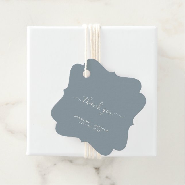 Thank You Script Dusty Blue Sea Glass Wedding Favor Tags (In Situ)