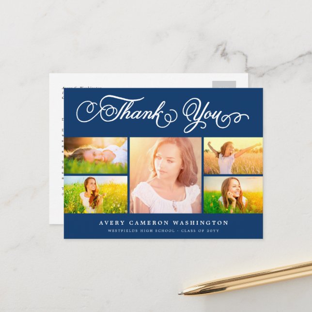 Thank You Script Elegant 5 Multi Photo Graduation Postcard (Front/Back In Situ)