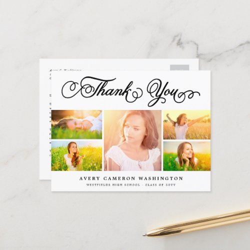 Thank You Script Elegant 5 Multi Photo Graduation Postcard