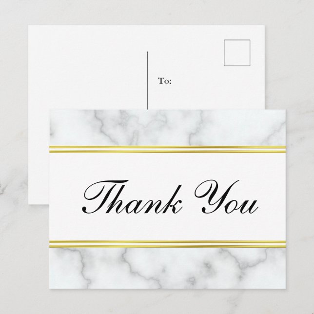 Thank You Script Elegant Faux White Marble & Gold Postcard (Front/Back)