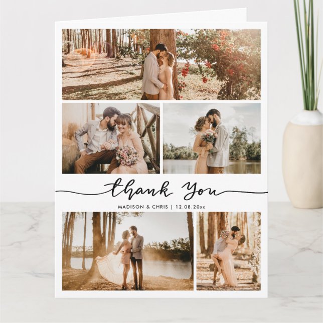 Thank You Script Elegant Wedding Photo Collage Card (Front)