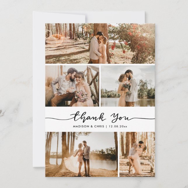 Thank You Script Elegant Wedding Photo Collage Card (Front)