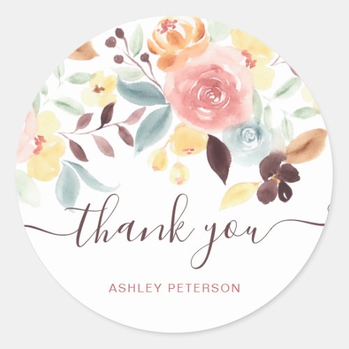 Thank you script fall boho rustic floral bloom classic round sticker