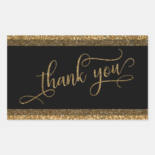 Thank You Script, Gold Glitter Border & Text Rectangular Sticker (Front)