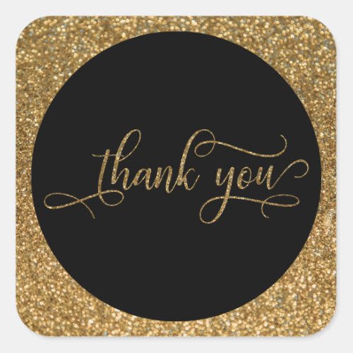 Thank You Script Gold Glitter Border  Text Square Sticker
