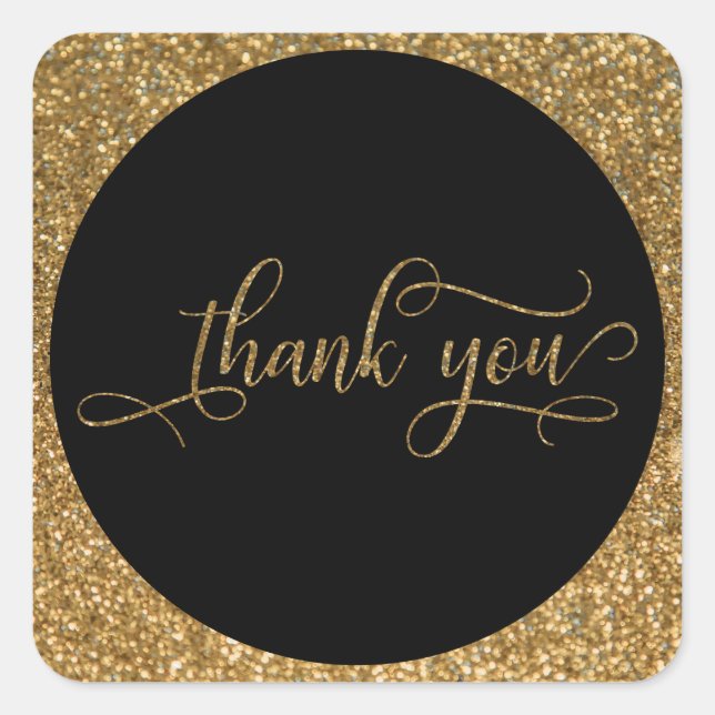 Thank You Script, Gold Glitter Border & Text Square Sticker (Front)
