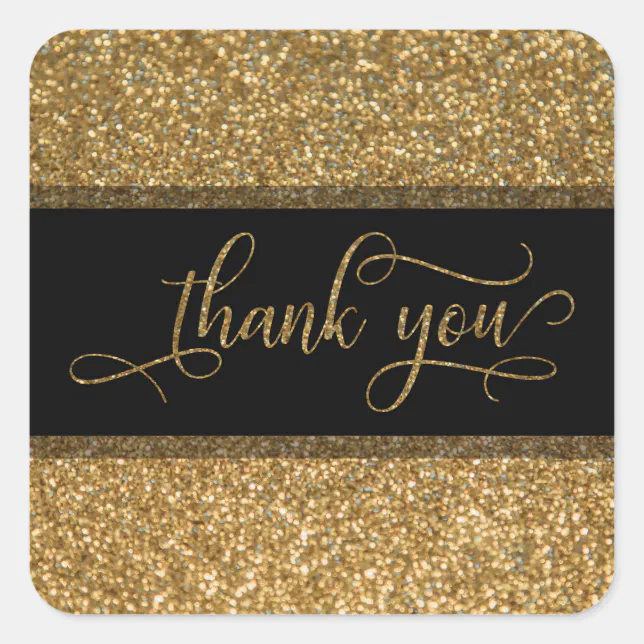 Thank You Script, Gold Glitter Border & Text Square Sticker | Zazzle