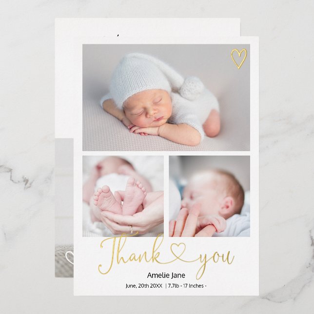 thank you script heart 4 photos baby birth foil invitation (Front/Back)