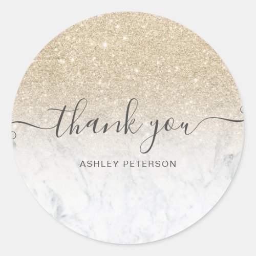 Thank you  script marble  light gold glitter ombre classic round sticker