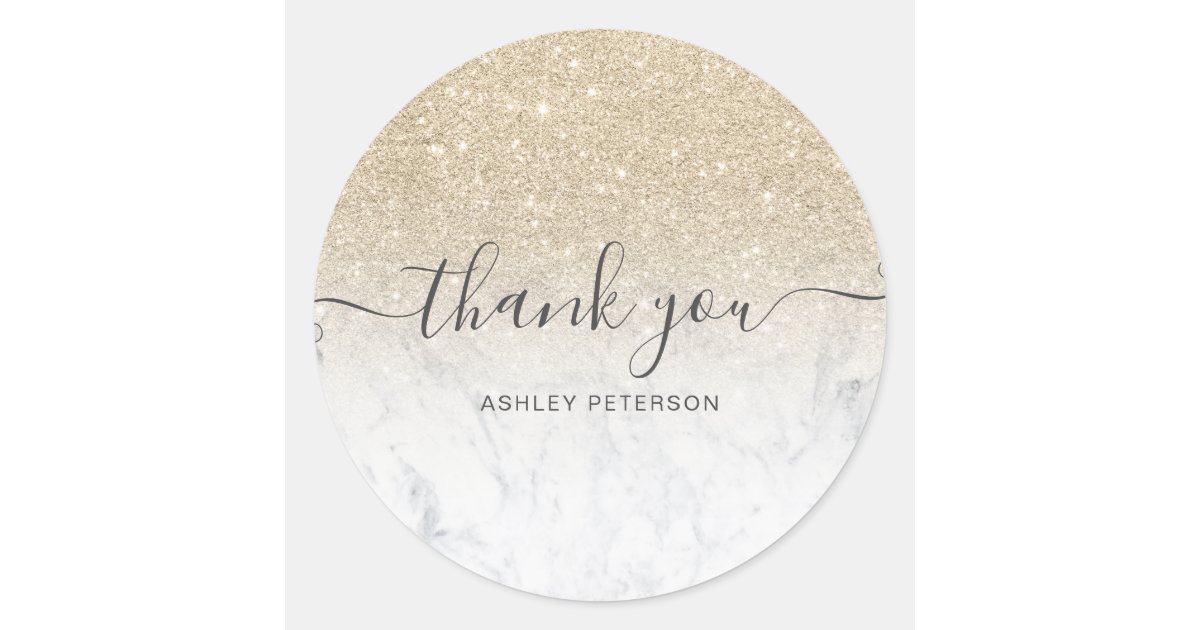 Thank you script marble light gold glitter ombre classic round sticker ...