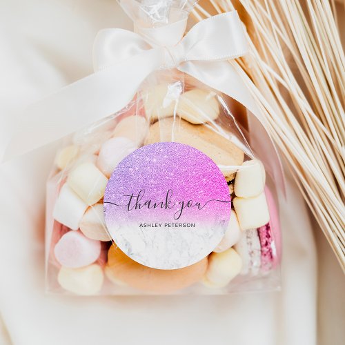 Thank you  script marble pink glitter ombre classic round sticker
