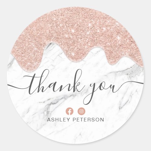 Thank you script marble rose gold glitter drips classic round sticker