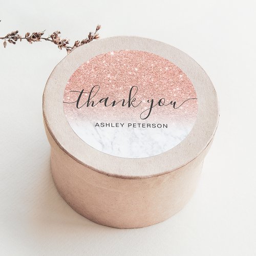 Thank you  script marble rose gold glitter ombre classic round sticker