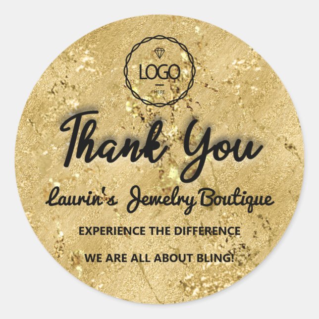 Thank You Script Name Custom Logo Glitter Gold  Classic Round Sticker (Front)