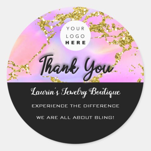 Thank You Script Name Custom Logo Holograph Black Classic Round Sticker