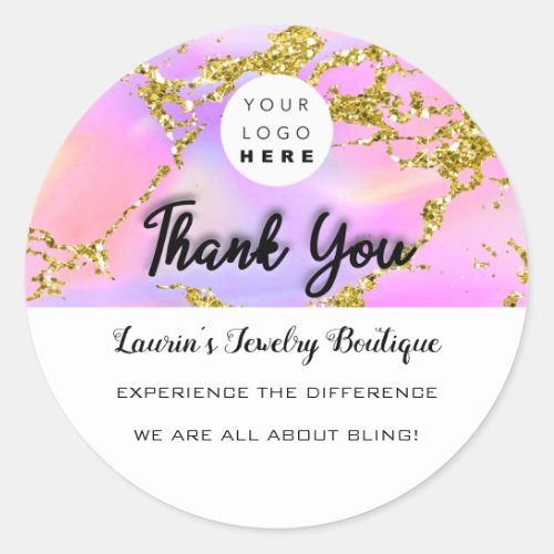 Thank You Script Name Custom Logo Holograph Gold Classic Round Sticker