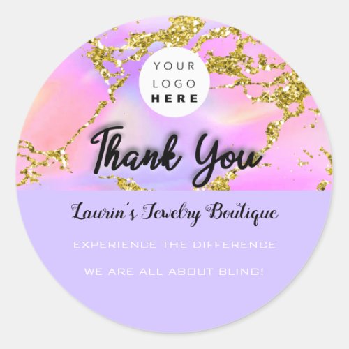 Thank You Script Name Custom Logo Holograph Purple Classic Round Sticker