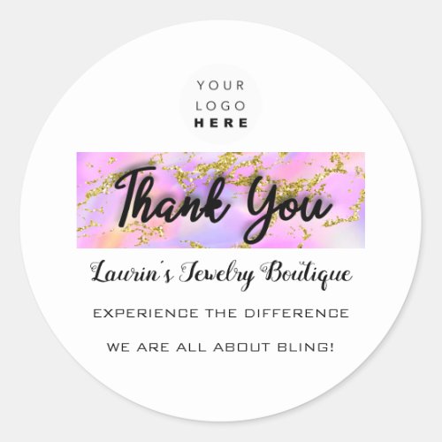 Thank You Script Name Custom Logo Holograph White Classic Round Sticker