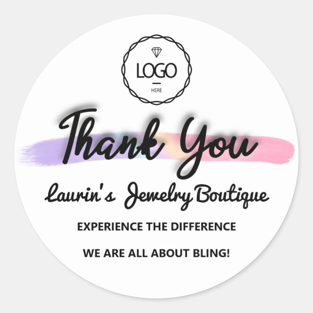 Thank You Script Name Custom Logo Pink Strokes Classic Round Sticker (Front)