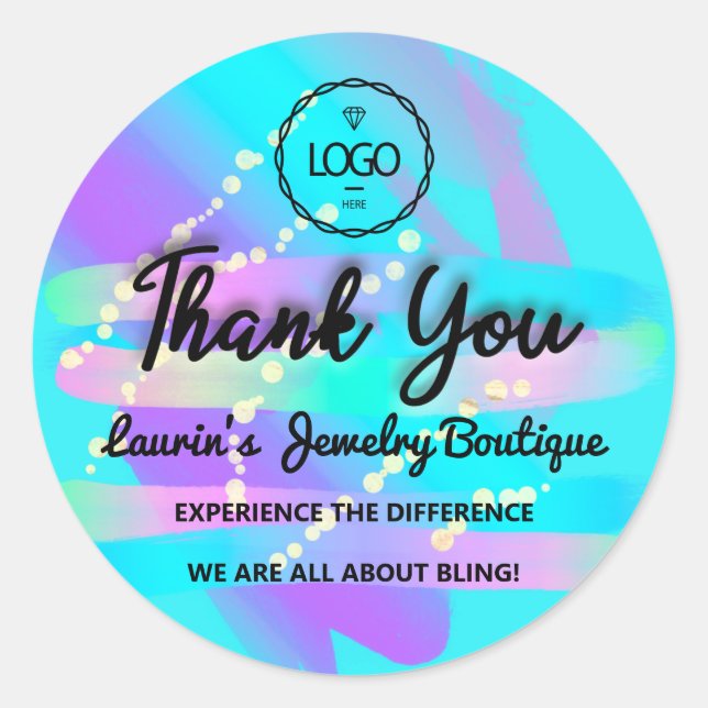 Thank You Script Name Holographic Strokes Pink Classic Round Sticker (Front)