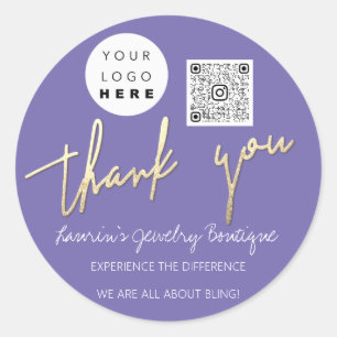 Thank You Script Name Logo Qr Code Online Purple Classic Round Sticker