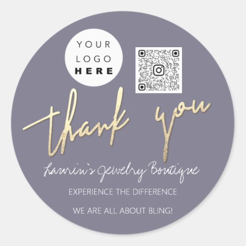 Thank You Script Name Logo QrCode Online Shop Gray Classic Round Sticker
