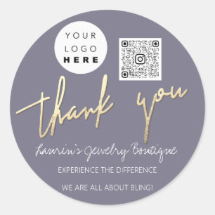 Thank You Script Name Logo QrCode Online Shop Gray Classic Round Sticker