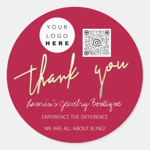 Thank You Script Name Logo QrCode Online Shop Red Classic Round Sticker