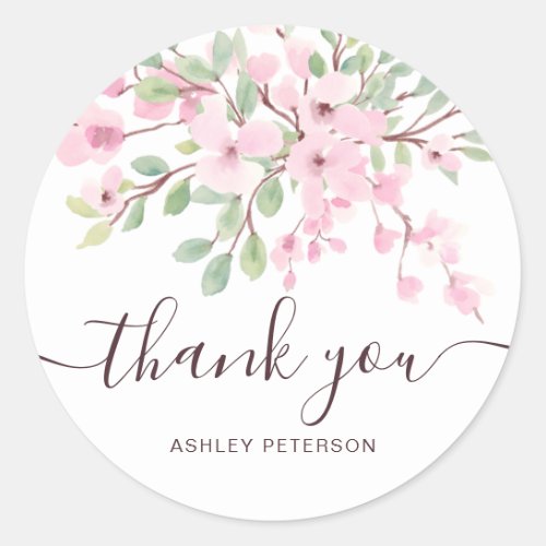 Thank you script pink cherry blossom floral classic round sticker