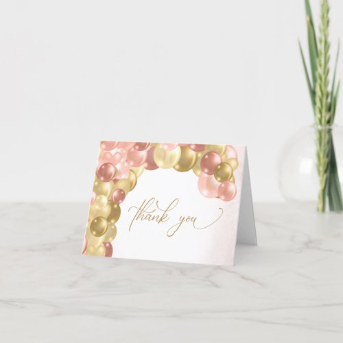 Thank You Script Pink & Gold Balloon Arch - This thank you card features an elegant graphic of a balloon arch in pink, rose gold and gold. This card coordinates with a baby shower invitation found in my shop Daisylin Designs.