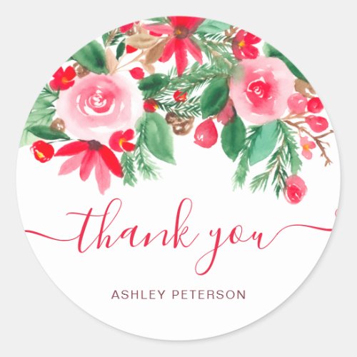 Thank you script red green Christmas floral bloom Classic Round Sticker