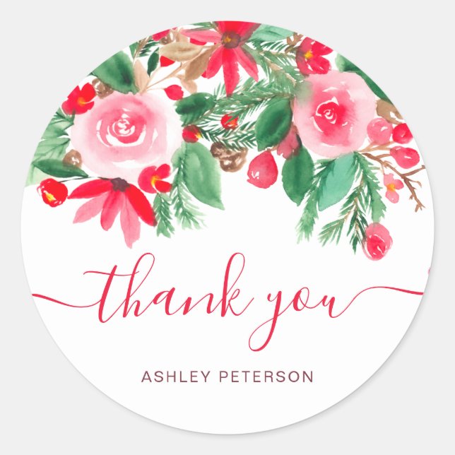 Thank you script red green Christmas floral bloom Classic Round Sticker (Front)
