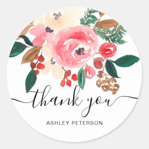 Thank you script red green winter floral bloom classic round sticker