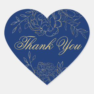 Thank You Script Royal Blue Gold Outline Flowers Heart Sticker