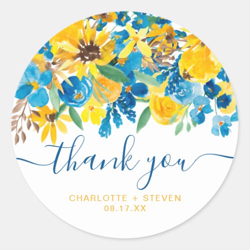 Thank you script rustic yellow sunflowers blue classic round sticker