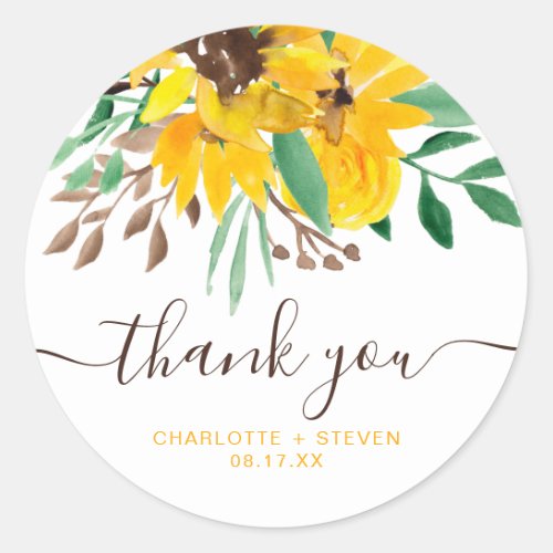 Thank you script rustic yellow sunflowers green classic round sticker