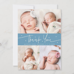 Thank You Script Stars Denim Blue Photo Grid Birth Announcement
