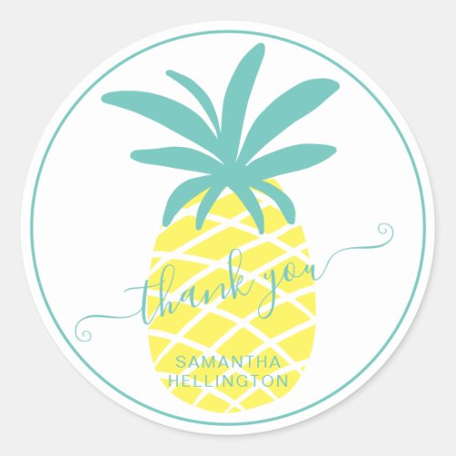 Thank you script teal tropical editable pineapple classic round sticker