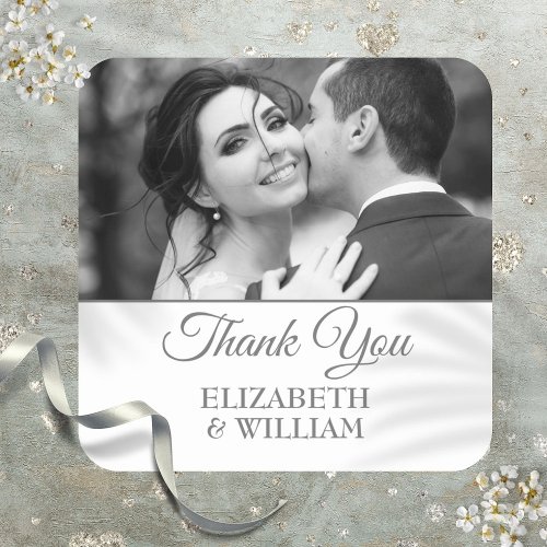 Thank You Script Wedding Photo Silver Favor Square Sticker