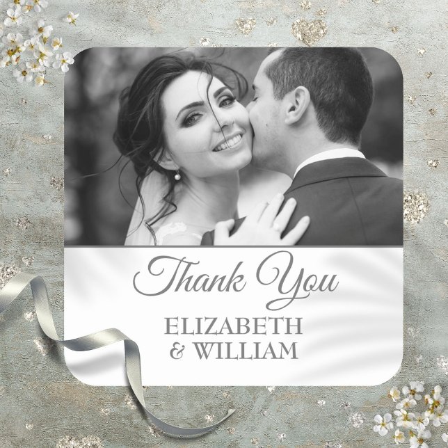 Thank You Script Wedding Photo Silver Favor Square Sticker (Thank You Script Wedding Photo Silver Favor Square Sticker)