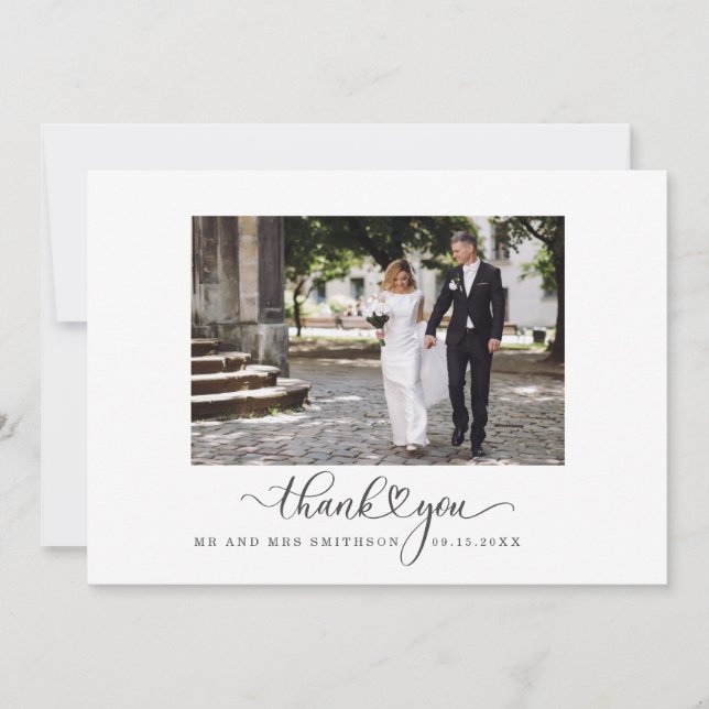'Thank you' Script Wedding Photo Thank You Card (Front)