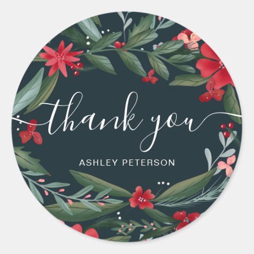 Thank you script winter floral red green business classic round sticker