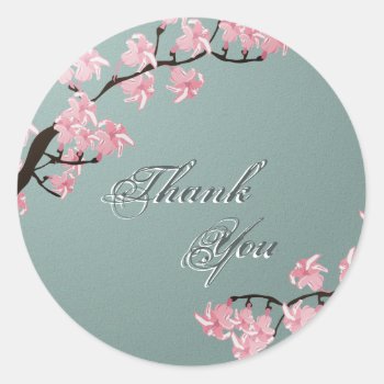 Thank You Seal Teal Pink Cherry Blossom Wedding by OLPamPam at Zazzle