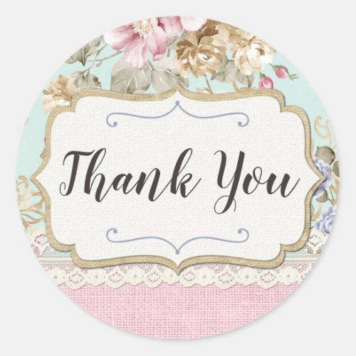 Thank You Shabby Chic Pink Floral Farm Boutique Classic Round Sticker