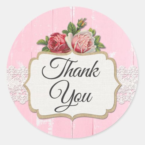 Thank You Shabby Chic Rustic Wood Vintage Floral Classic Round Sticker