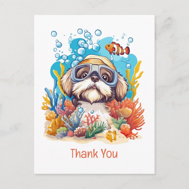 Thank You Shih Tzu Dog Snorkeling Coral Reef Postcard (Front)