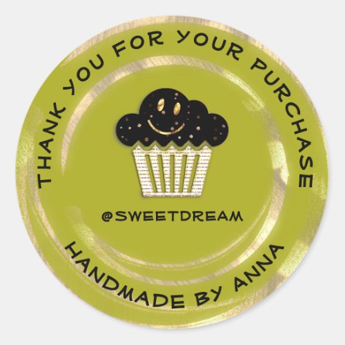 Thank You Shop Chocolate Muffin Smile Gold Green Classic Round Sticker